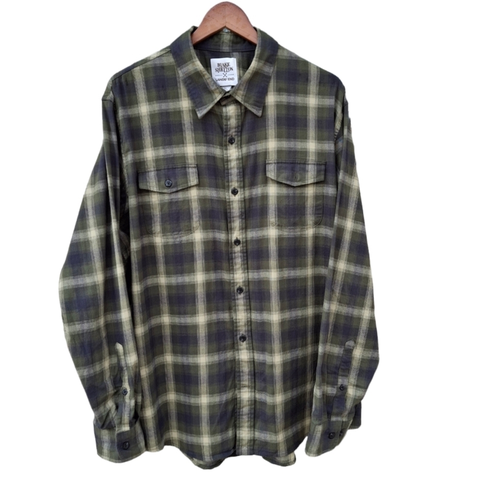 Blake Shelton x Lands' End Shirt Plaid Green Grey Cotton Men Size XL 17-17.5